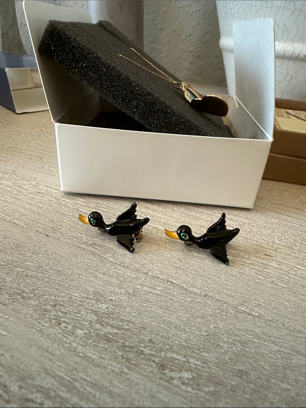 Vintage Black Duck Brooch Set with Green Accent Eyes - Women's Jewelry